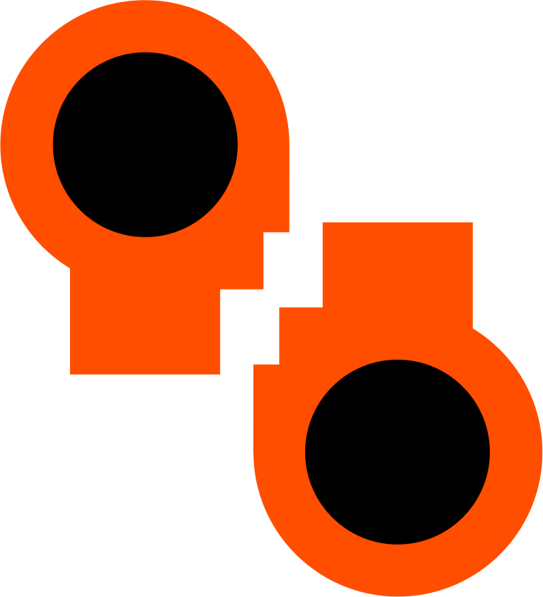 Abstract pattern of two orange shapes with black circles